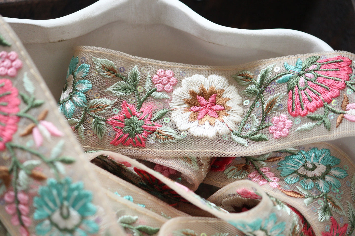 1 yard-pastel flower thread embroidery on mesh nude ribbon-aqua, pink, red, green, brown and sequin highlights, decorative ribbon