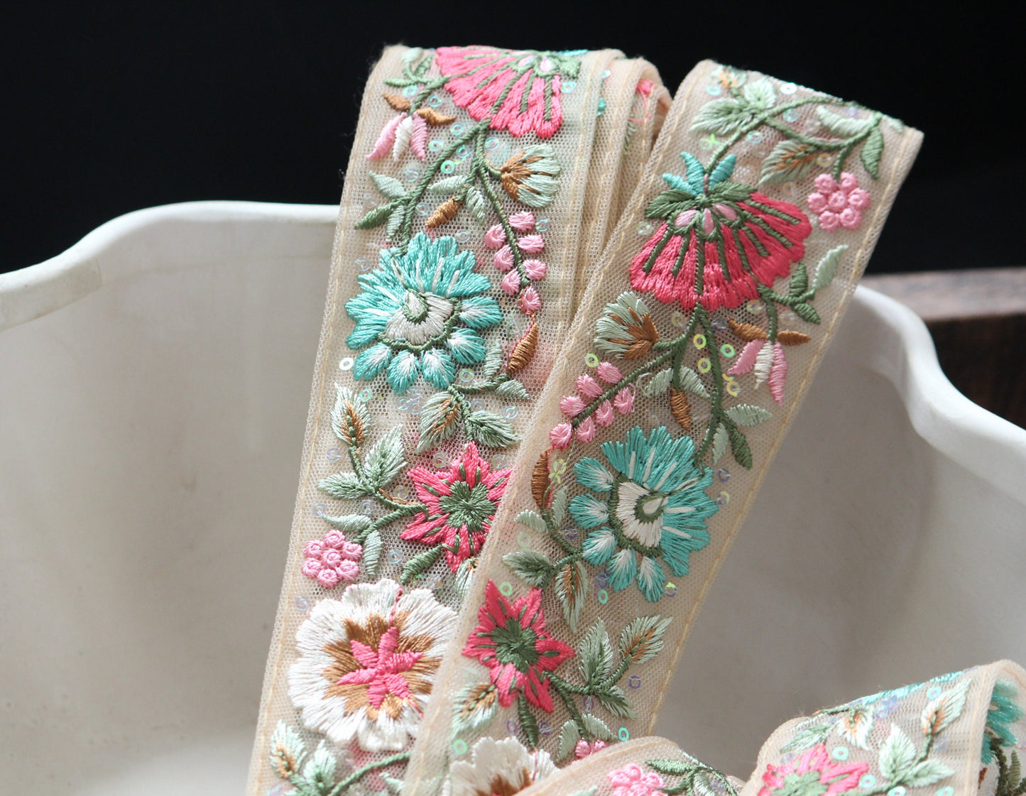 1 yard-pastel flower thread embroidery on mesh nude ribbon-aqua, pink, red, green, brown and sequin highlights, decorative ribbon