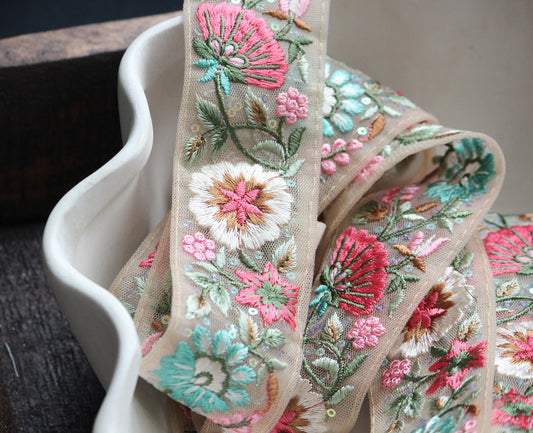 1 yard-pastel flower thread embroidery on mesh nude ribbon-aqua, pink, red, green, brown and sequin highlights, decorative ribbon