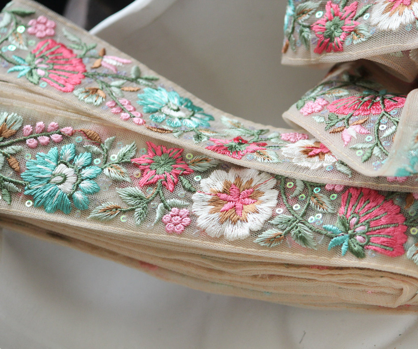 1 yard-pastel flower thread embroidery on mesh nude ribbon-aqua, pink, red, green, brown and sequin highlights, decorative ribbon