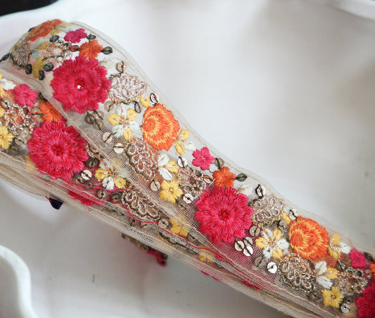 1 yard-Rose orange yellow floral ribbon embroidered mesh- Indian embroidery ribbon-bouquet wrap-flower wedding ribbon