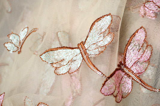 1 yard-Mesh tulle embroidery fabric dragonfly with sequin embroidery-kids mesh fabric-pink and blue dragonfly embroidery