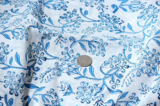 1 yard-Blue monotone floral cotton hand printed fabric-blue floral motifs on white cotton fabric-decor cotton-girls cotton print