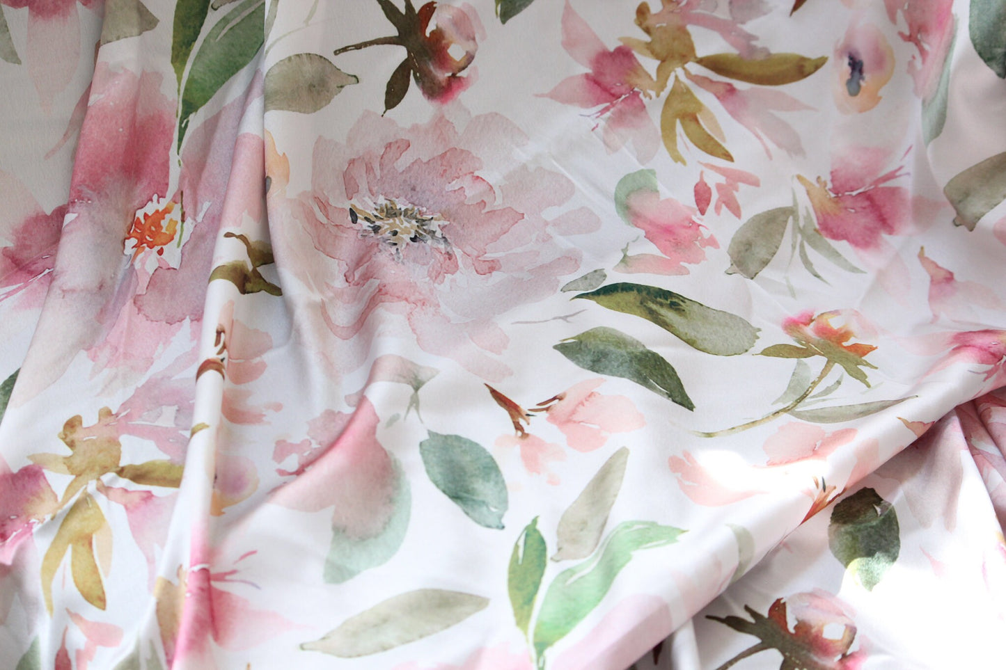 1 yard-off white floral satin charmeuse fabric -blush pink watercolor floral printed satin fabric green-bridal cream with rose floral fabric