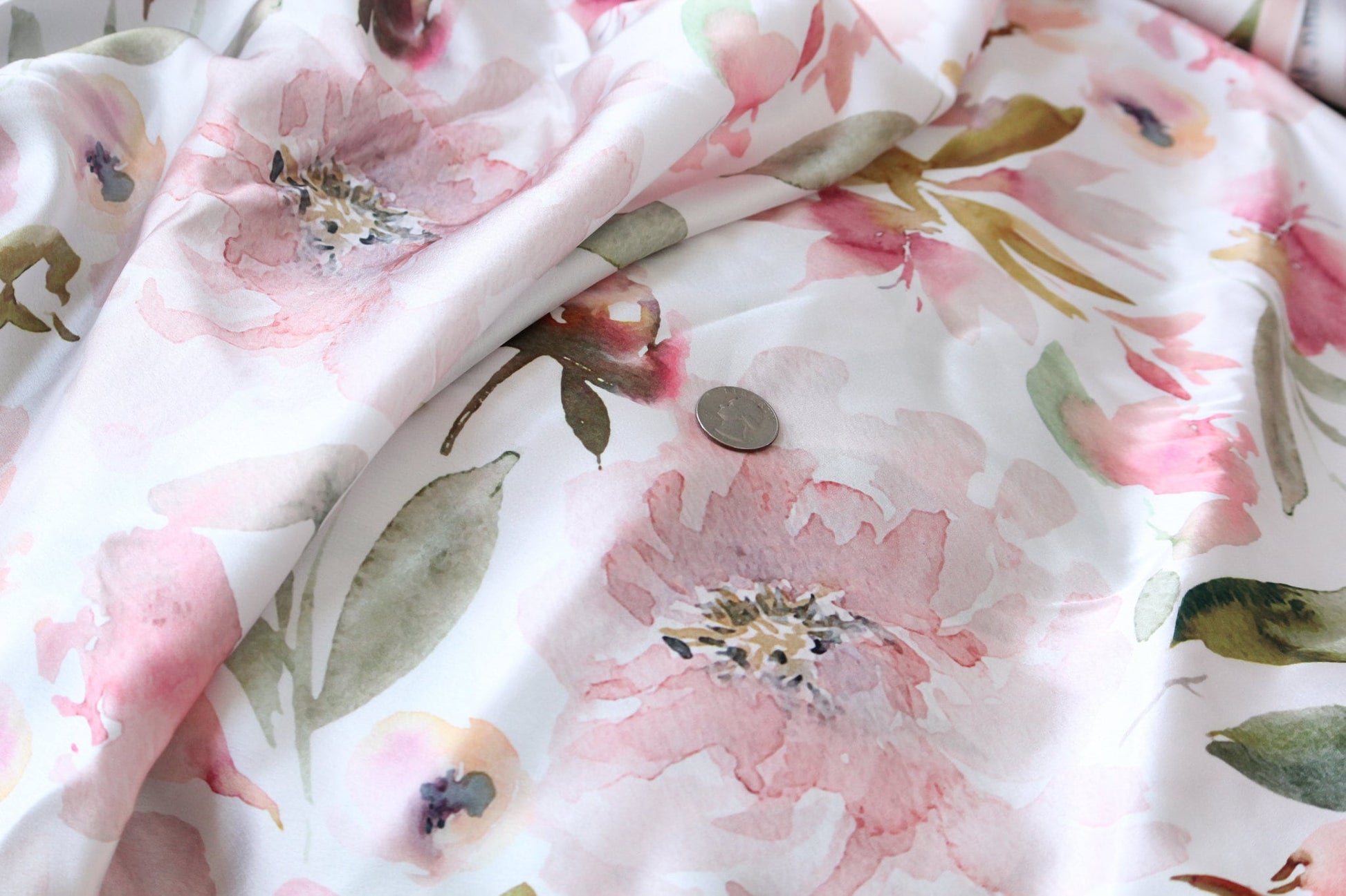 1 yard-off white floral satin charmeuse fabric -blush pink watercolor floral printed satin fabric green-bridal cream with rose floral fabric