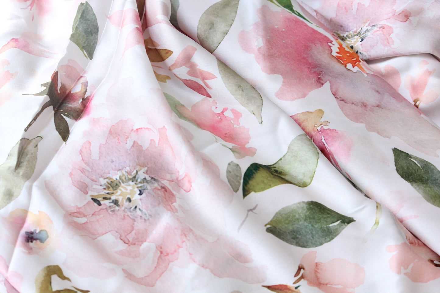 1 yard-off white floral satin charmeuse fabric -blush pink watercolor floral printed satin fabric green-bridal cream with rose floral fabric