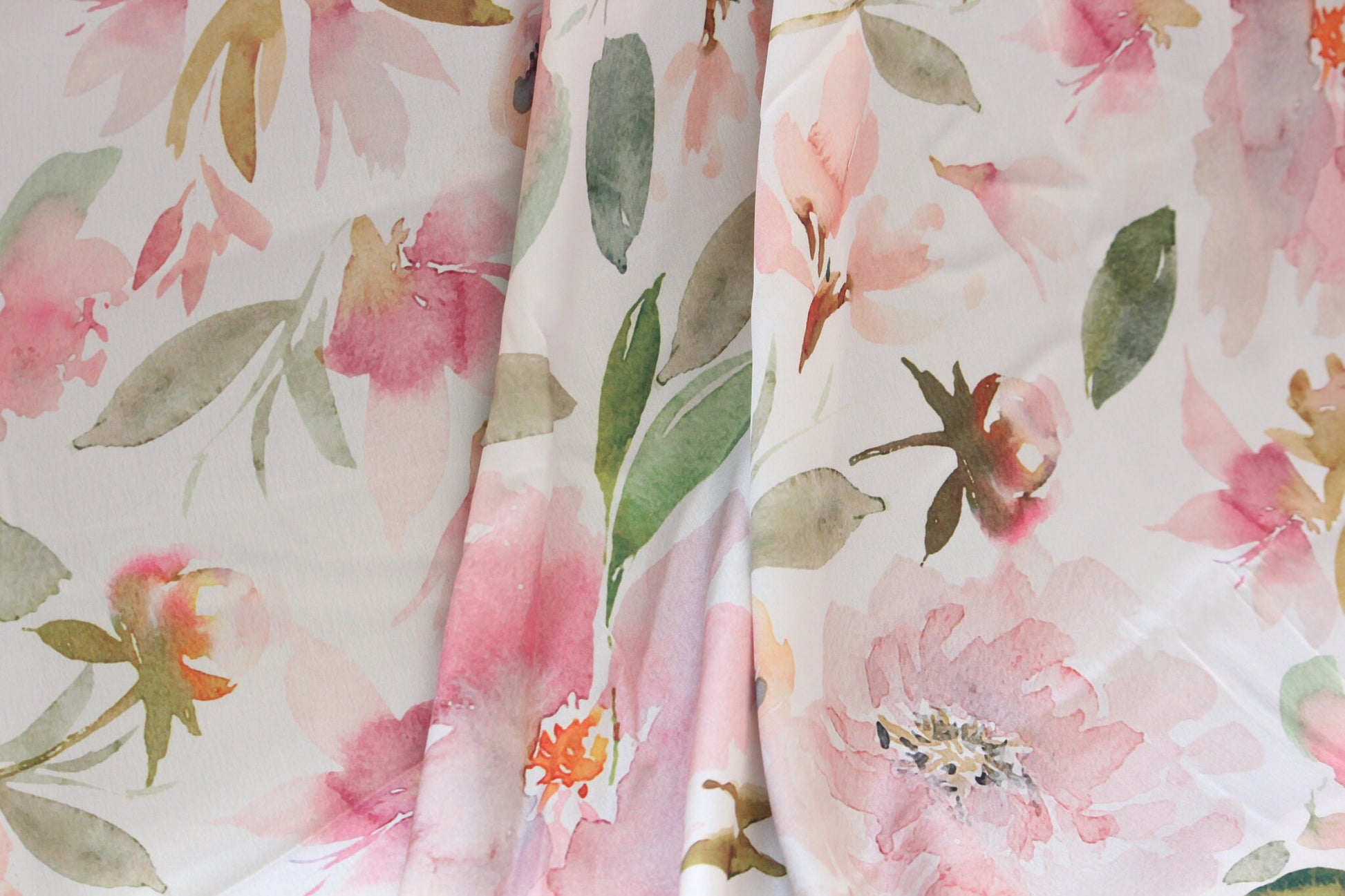 1 yard-off white floral satin charmeuse fabric -blush pink watercolor floral printed satin fabric green-bridal cream with rose floral fabric