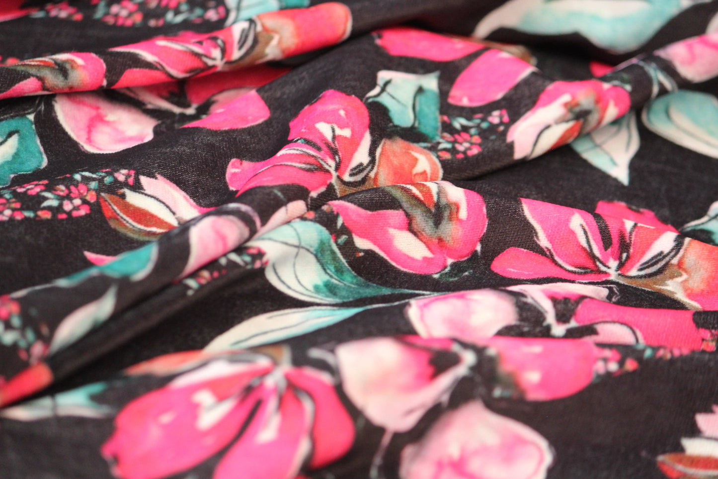 1 yard-Black floral velvet print fabric-hot pink, turquoise, green, orange watercolor flower print- bridal luxe robe fabric