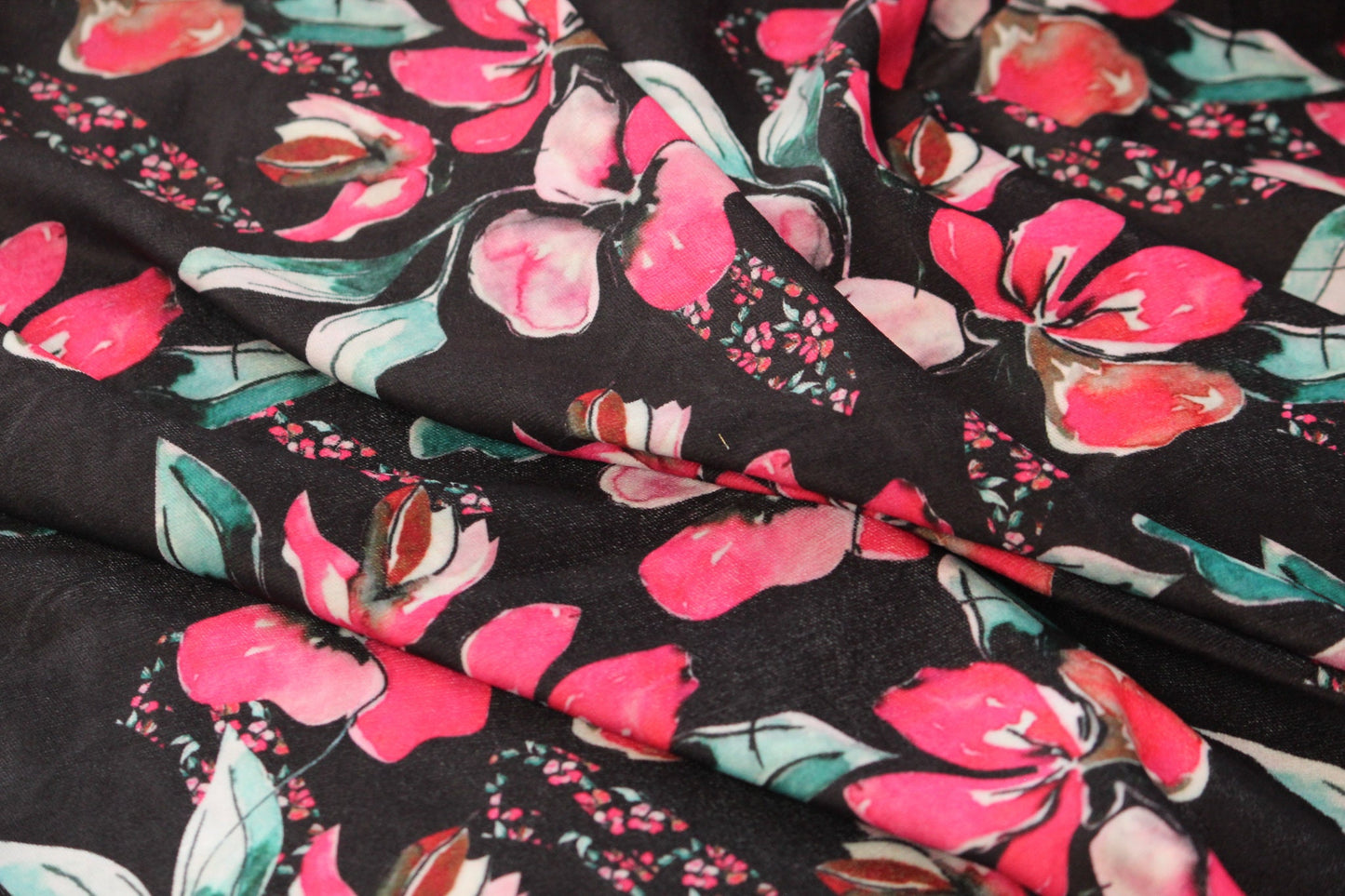 1 yard-Black floral velvet print fabric-hot pink, turquoise, green, orange watercolor flower print- bridal luxe robe fabric