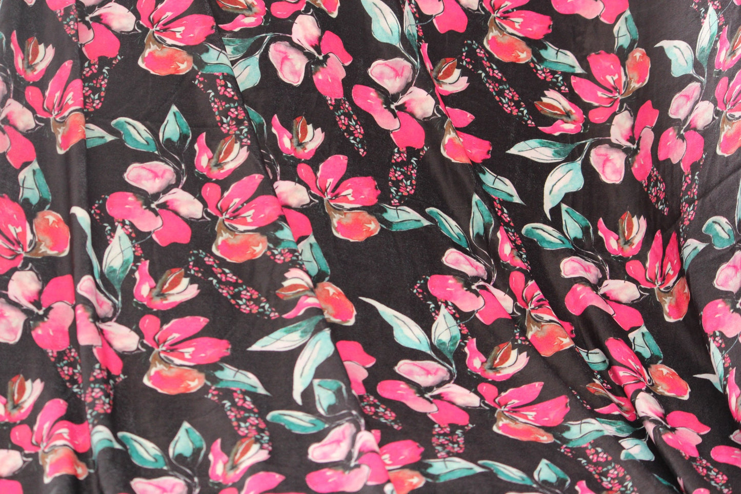 1 yard-Black floral velvet print fabric-hot pink, turquoise, green, orange watercolor flower print- bridal luxe robe fabric