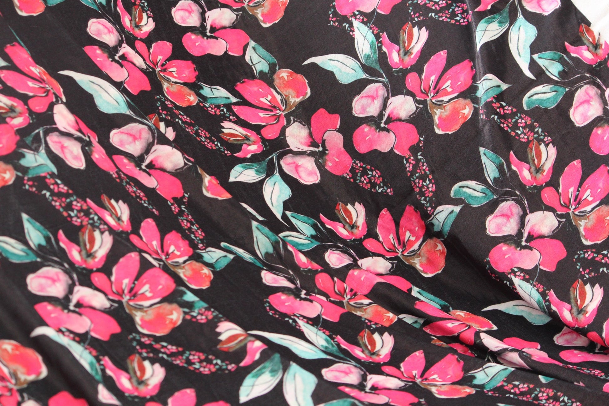 1 yard-Black floral velvet print fabric-hot pink, turquoise, green, orange watercolor flower print- bridal luxe robe fabric