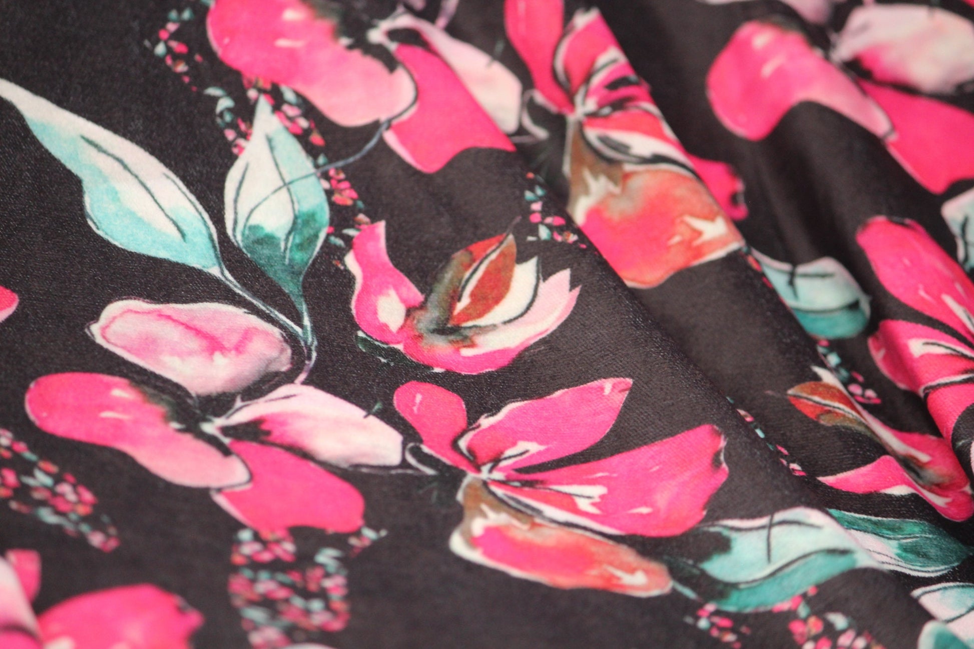 1 yard-Black floral velvet print fabric-hot pink, turquoise, green, orange watercolor flower print- bridal luxe robe fabric