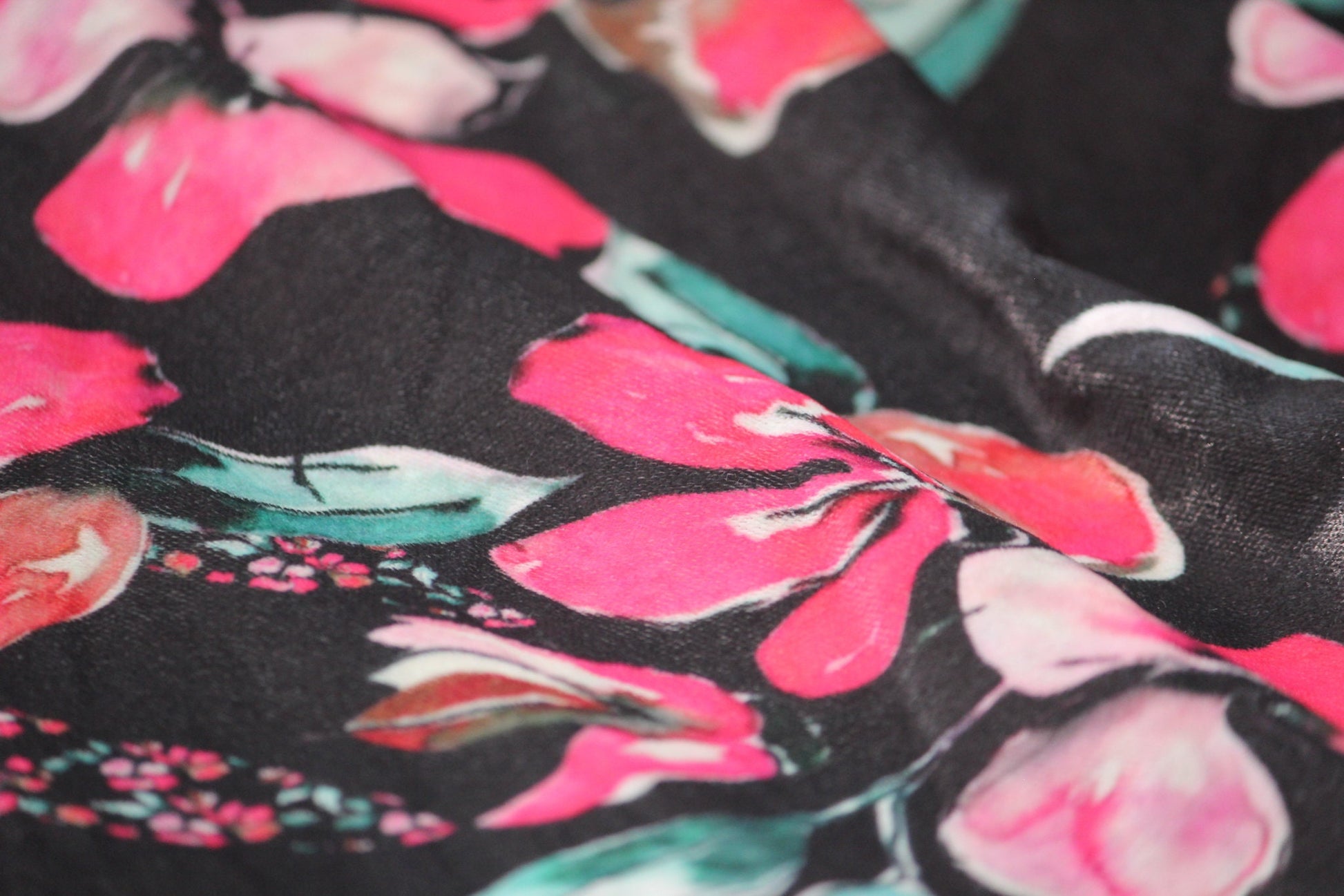 1 yard-Black floral velvet print fabric-hot pink, turquoise, green, orange watercolor flower print- bridal luxe robe fabric