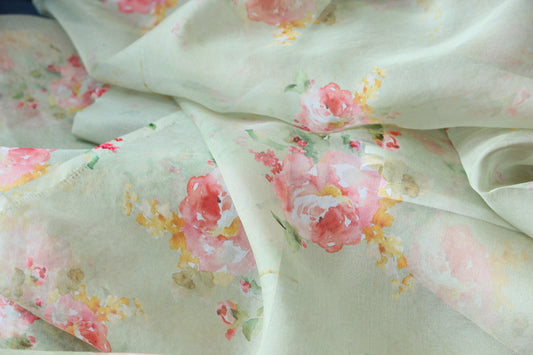 1 yard-Pistachio green organza fabric-pastel green watercolor look floral printed organza fabric-floral fabric-print Red roses-sheer fabric