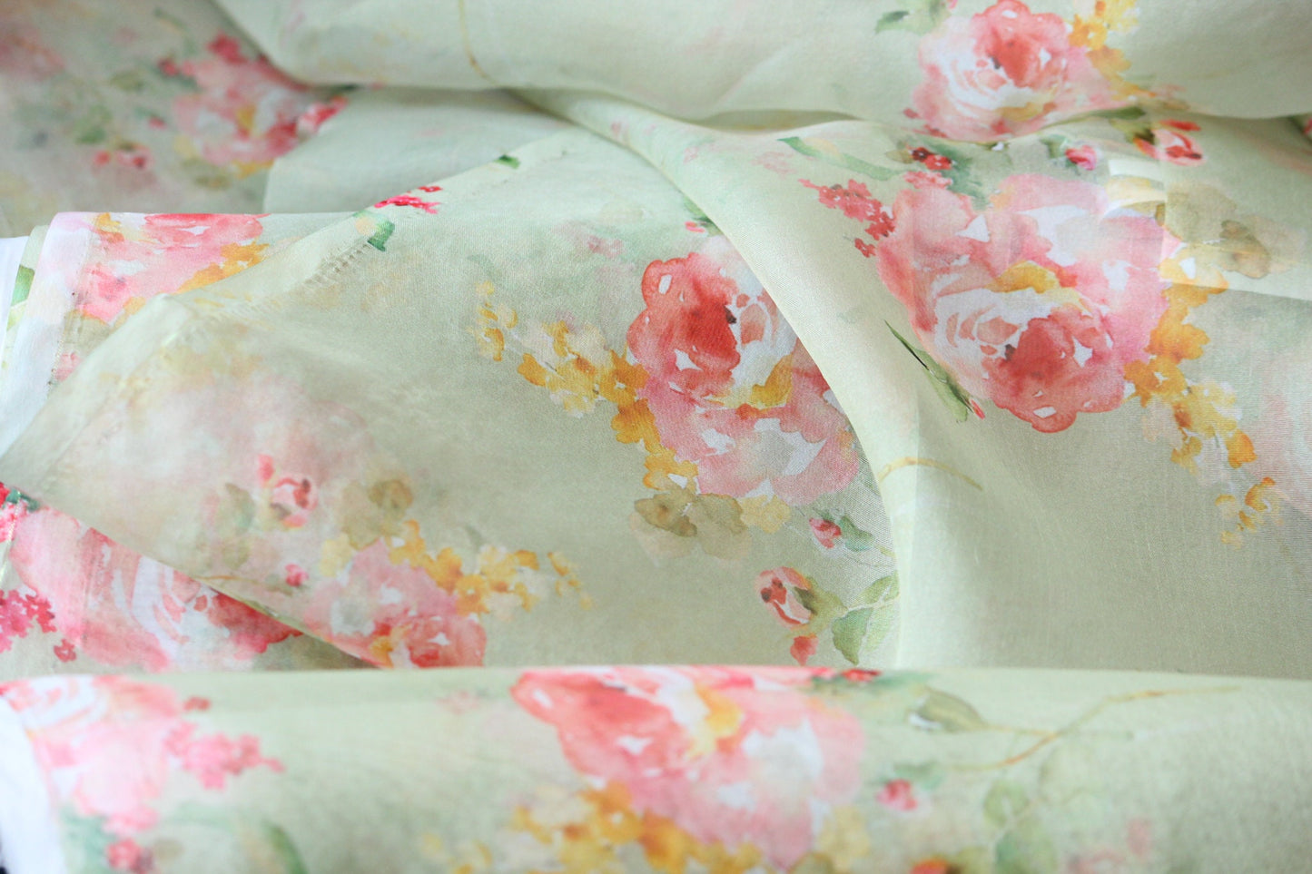 1 yard-Pistachio green organza fabric-pastel green watercolor look floral printed organza fabric-floral fabric-print Red roses-sheer fabric