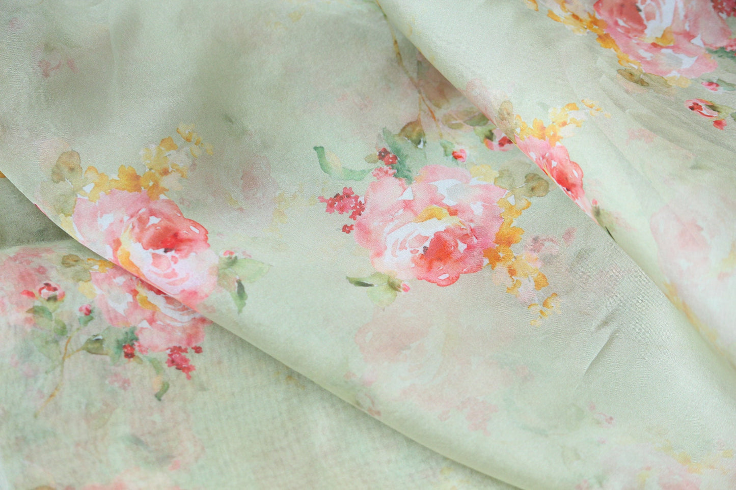 1 yard-Pistachio green organza fabric-pastel green watercolor look floral printed organza fabric-floral fabric-print Red roses-sheer fabric