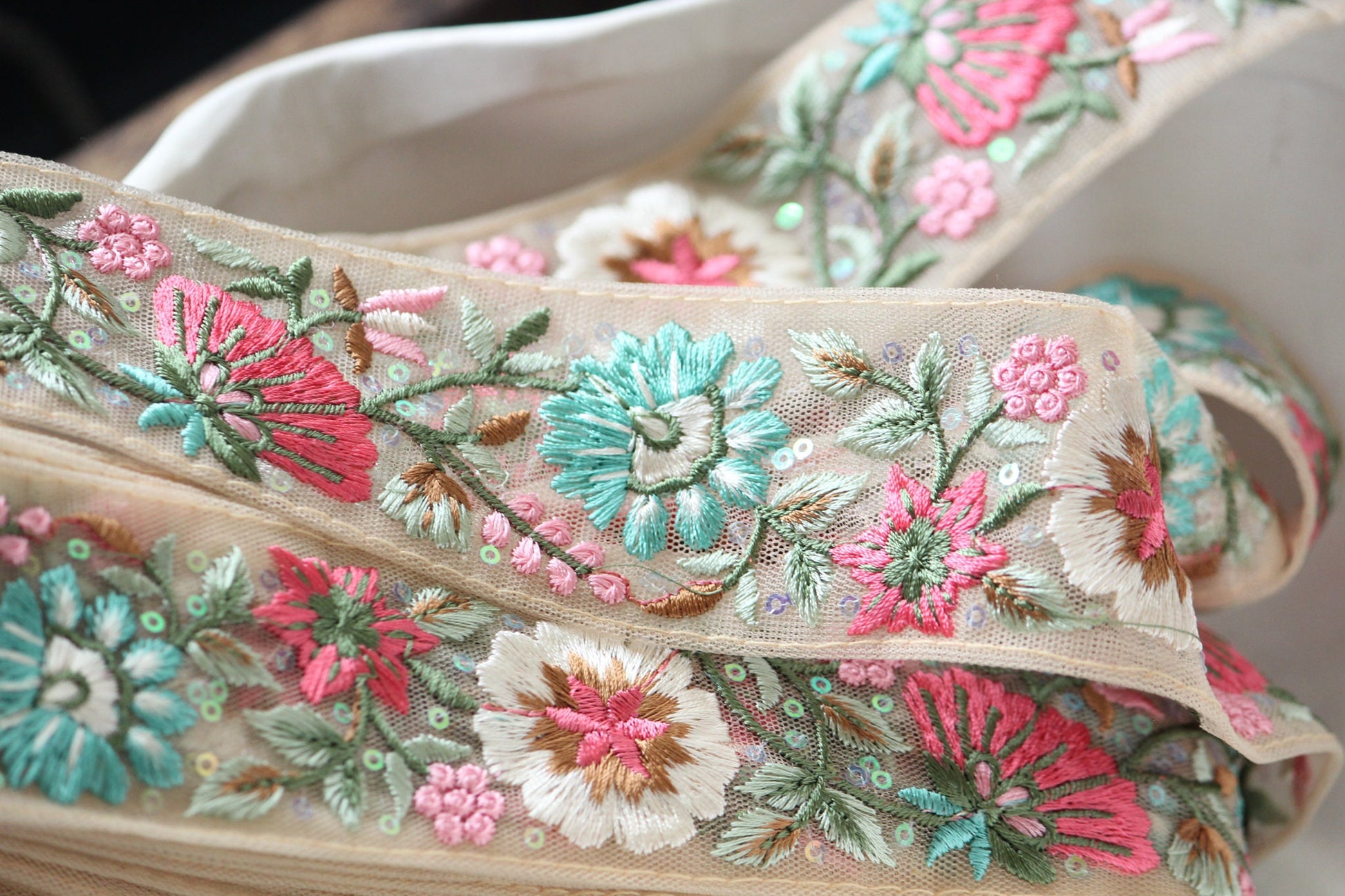 1 yard-pastel flower thread embroidery on mesh nude ribbon-aqua, pink, red, green, brown and sequin highlights, decorative ribbon