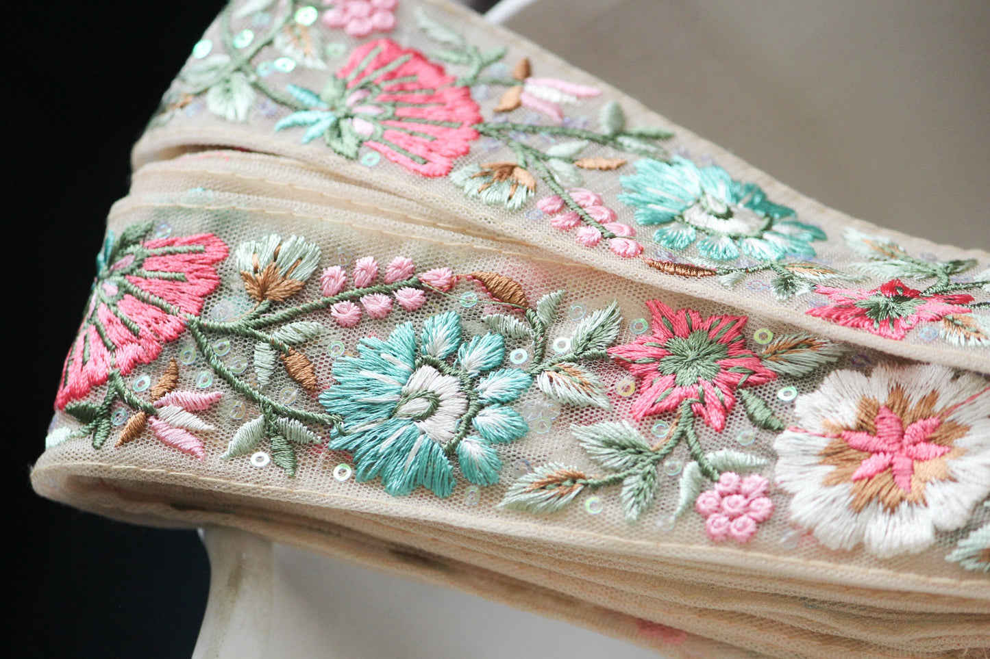 1 yard-pastel flower thread embroidery on mesh nude ribbon-aqua, pink, red, green, brown and sequin highlights, decorative ribbon