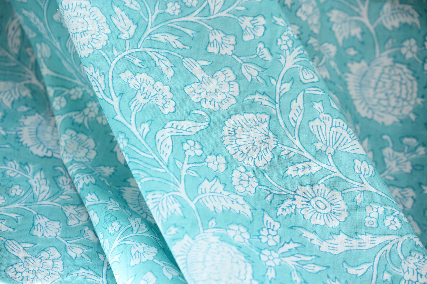 1 yard-Aqua blue green floral vines hand printed cotton fabric-off white floral print turquoise blue green florals