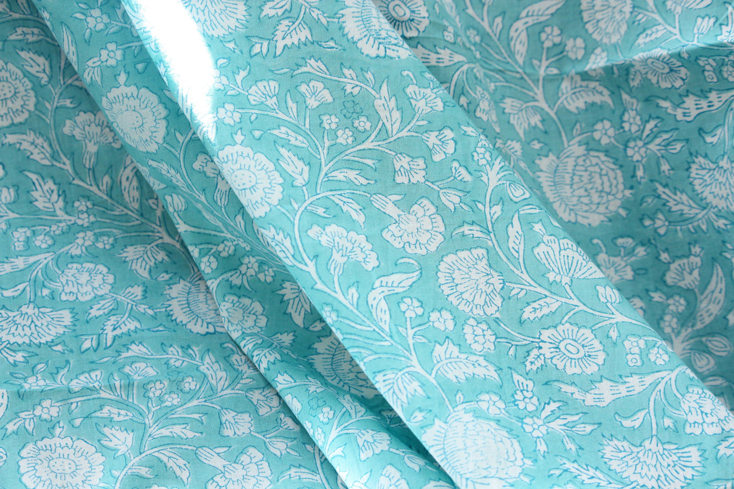 1 yard-Aqua blue green floral vines hand printed cotton fabric-off white floral print turquoise blue green florals
