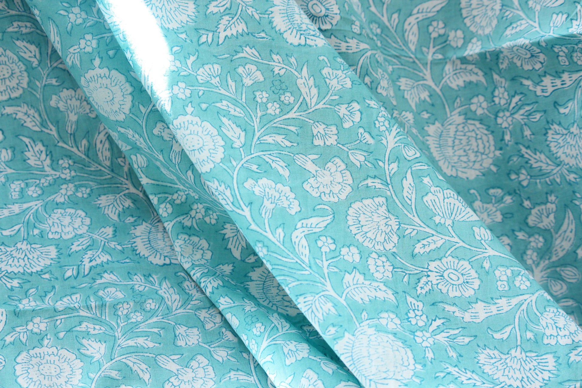 1 yard-Aqua blue green floral vines hand printed cotton fabric-off white floral print turquoise blue green florals