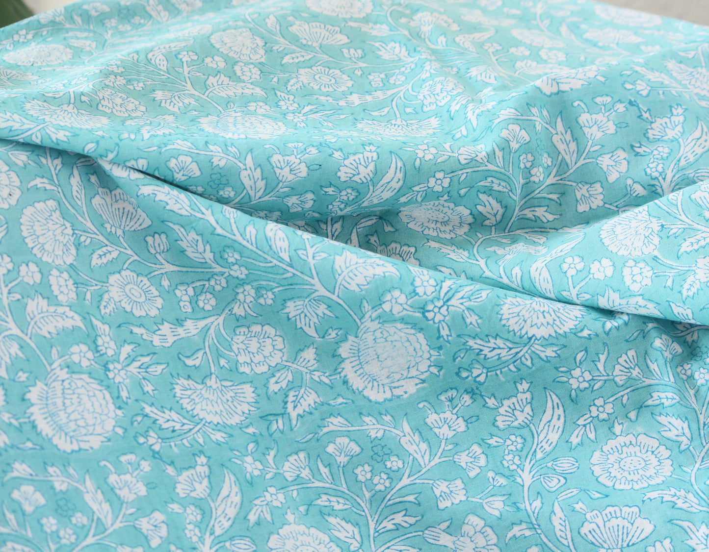 1 yard-Aqua blue green floral vines hand printed cotton fabric-off white floral print turquoise blue green florals