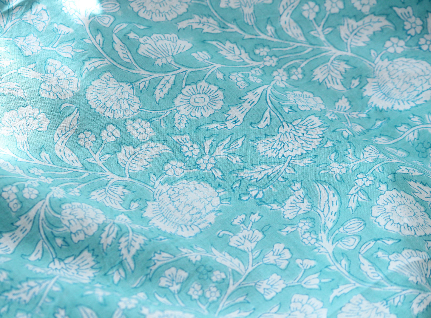 1 yard-Aqua blue green floral vines hand printed cotton fabric-off white floral print turquoise blue green florals