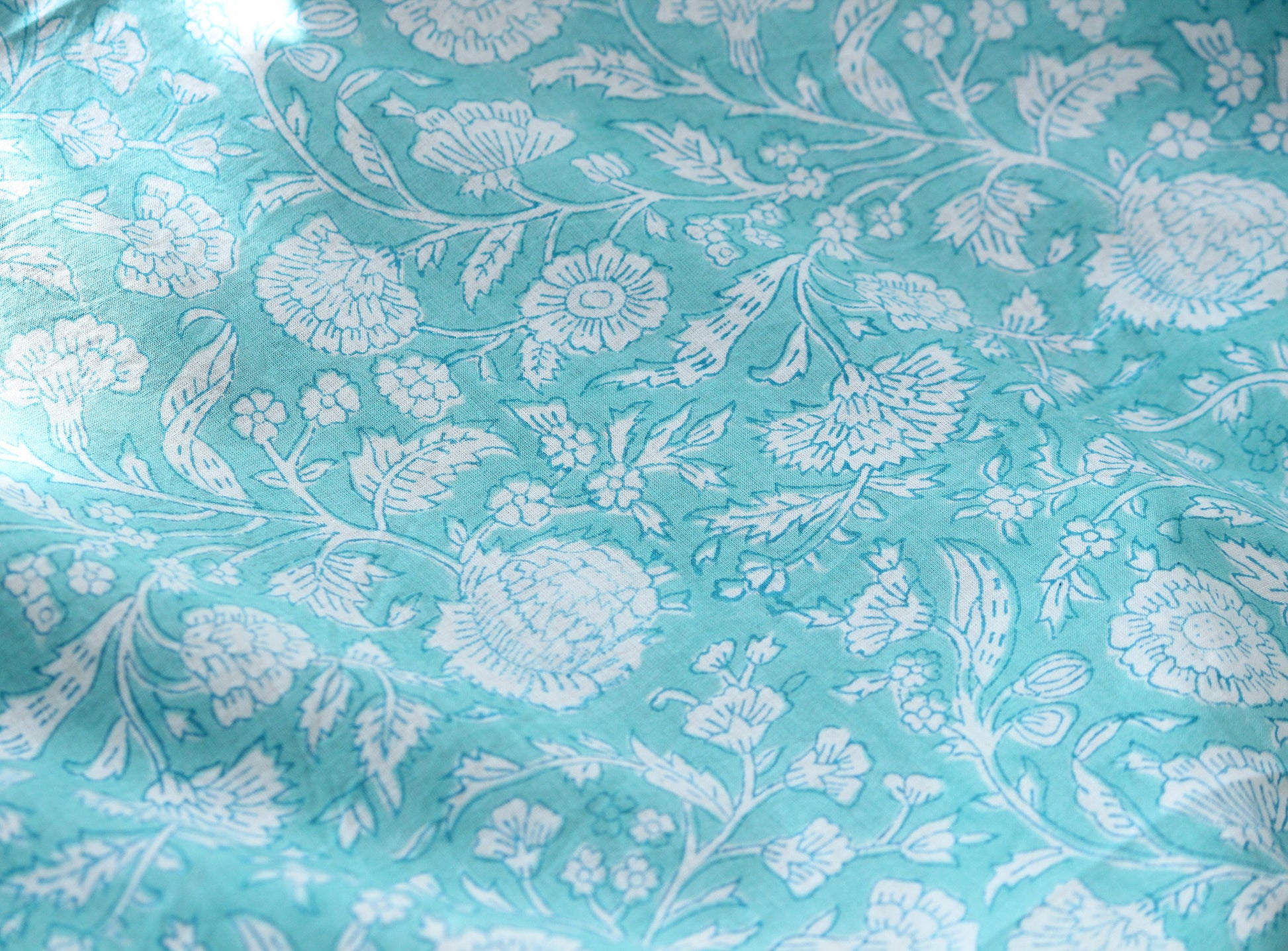 1 yard-Aqua blue green floral vines hand printed cotton fabric-off white floral print turquoise blue green florals