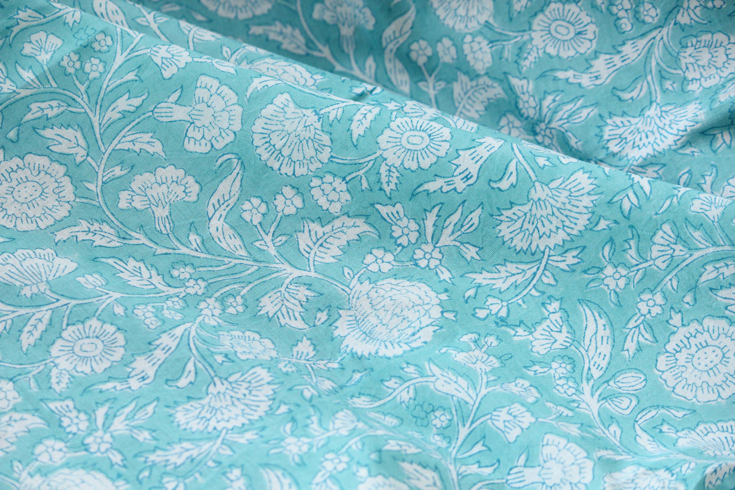1 yard-Aqua blue green floral vines hand printed cotton fabric-off white floral print turquoise blue green florals