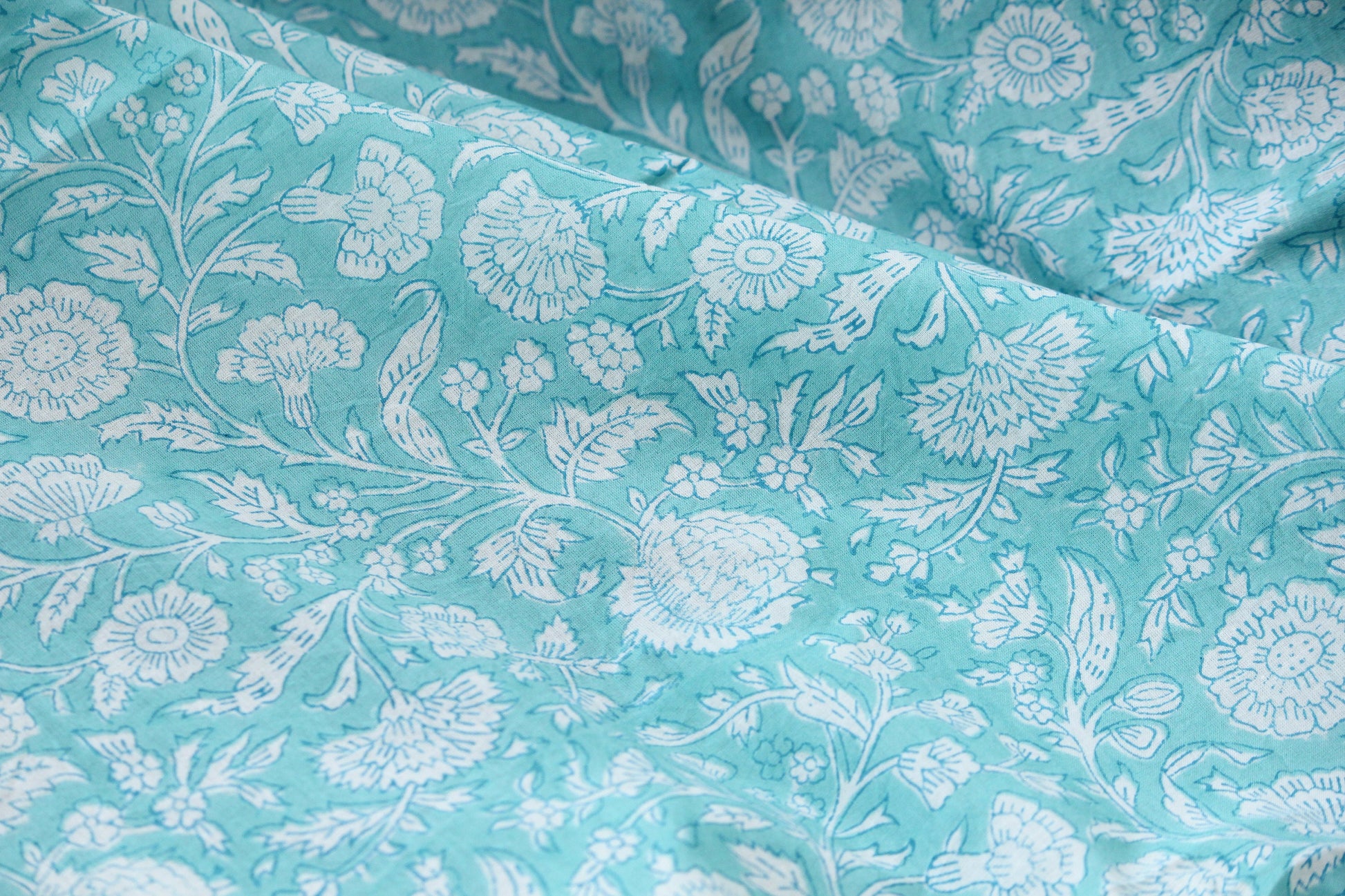 1 yard-Aqua blue green floral vines hand printed cotton fabric-off white floral print turquoise blue green florals