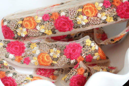 1 yard-Rose orange yellow floral ribbon embroidered mesh- Indian embroidery ribbon-bouquet wrap-flower wedding ribbon