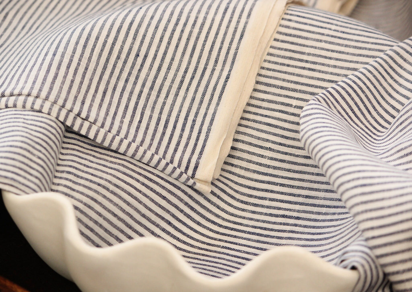 1 yard-Linen ticking stripe fabric-Navy Blue and off-white stripe fabric-classic pin stripe linen-plant based sustainable fabric