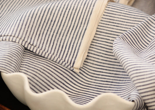 1 yard-Linen ticking stripe fabric-Navy Blue and off-white stripe fabric-classic pin stripe linen-plant based sustainable fabric