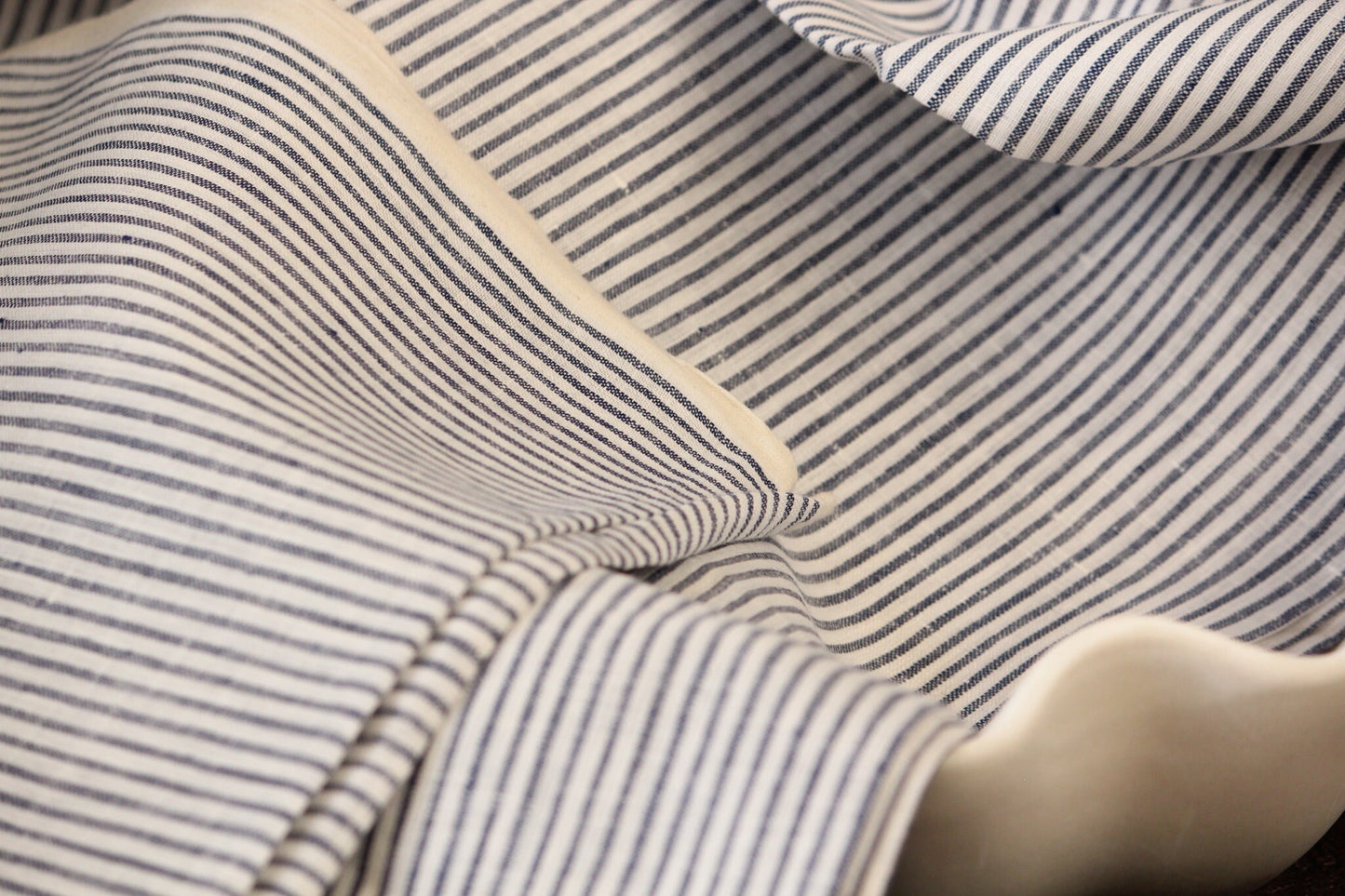 1 yard-Linen ticking stripe fabric-Navy Blue and off-white stripe fabric-classic pin stripe linen-plant based sustainable fabric