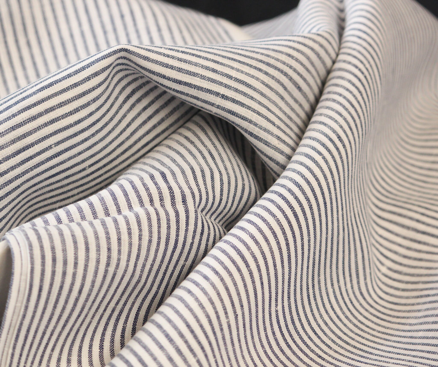 1 yard-Linen ticking stripe fabric-Navy Blue and off-white stripe fabric-classic pin stripe linen-plant based sustainable fabric