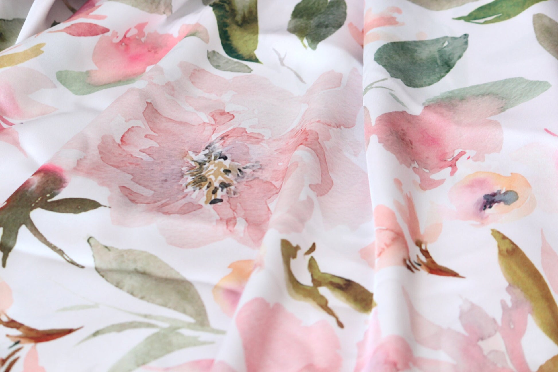 1 yard-off white floral satin charmeuse fabric -blush pink watercolor floral printed satin fabric green-bridal cream with rose floral fabric