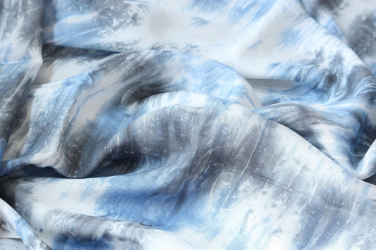 1 yard-Ice Blue and gray matte satin charmeuse- sky blue and grey tie dye effect satin fabric-abstract print white gray blue fabric