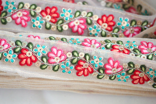 1 yard-Red Pink floral thread embroidery ribbon on mesh fabric-bright pink and red threads, aqua florals green leaf-sequin highlights