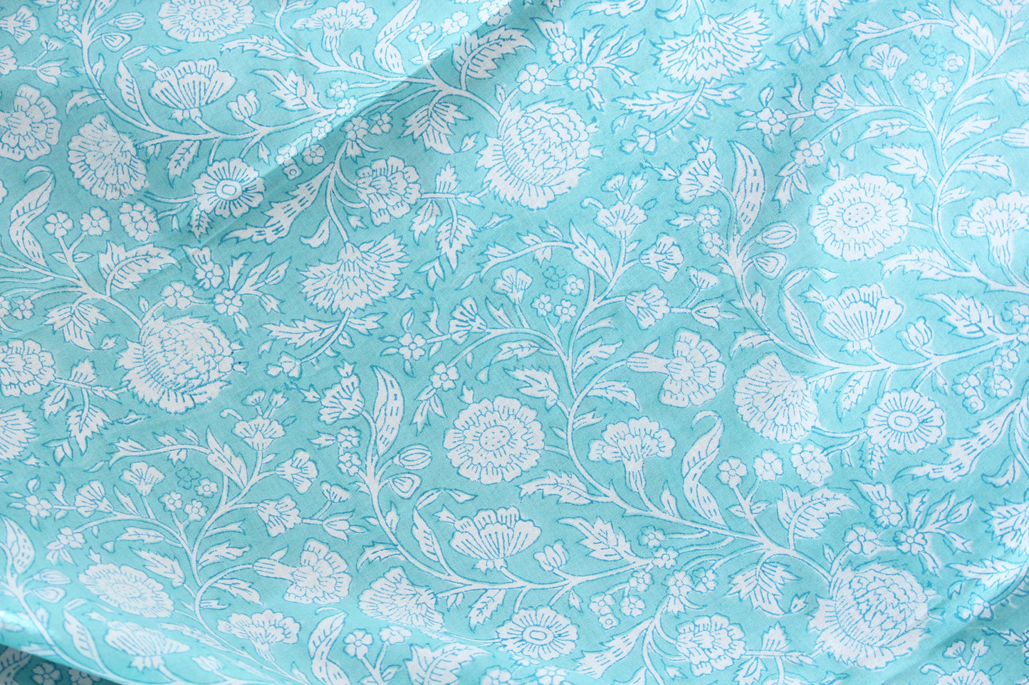1 yard-Aqua blue green floral vines hand printed cotton fabric-off white floral print turquoise blue green florals