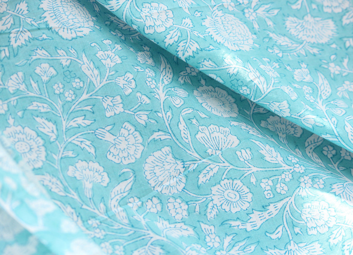 1 yard-Aqua blue green floral vines hand printed cotton fabric-off white floral print turquoise blue green florals