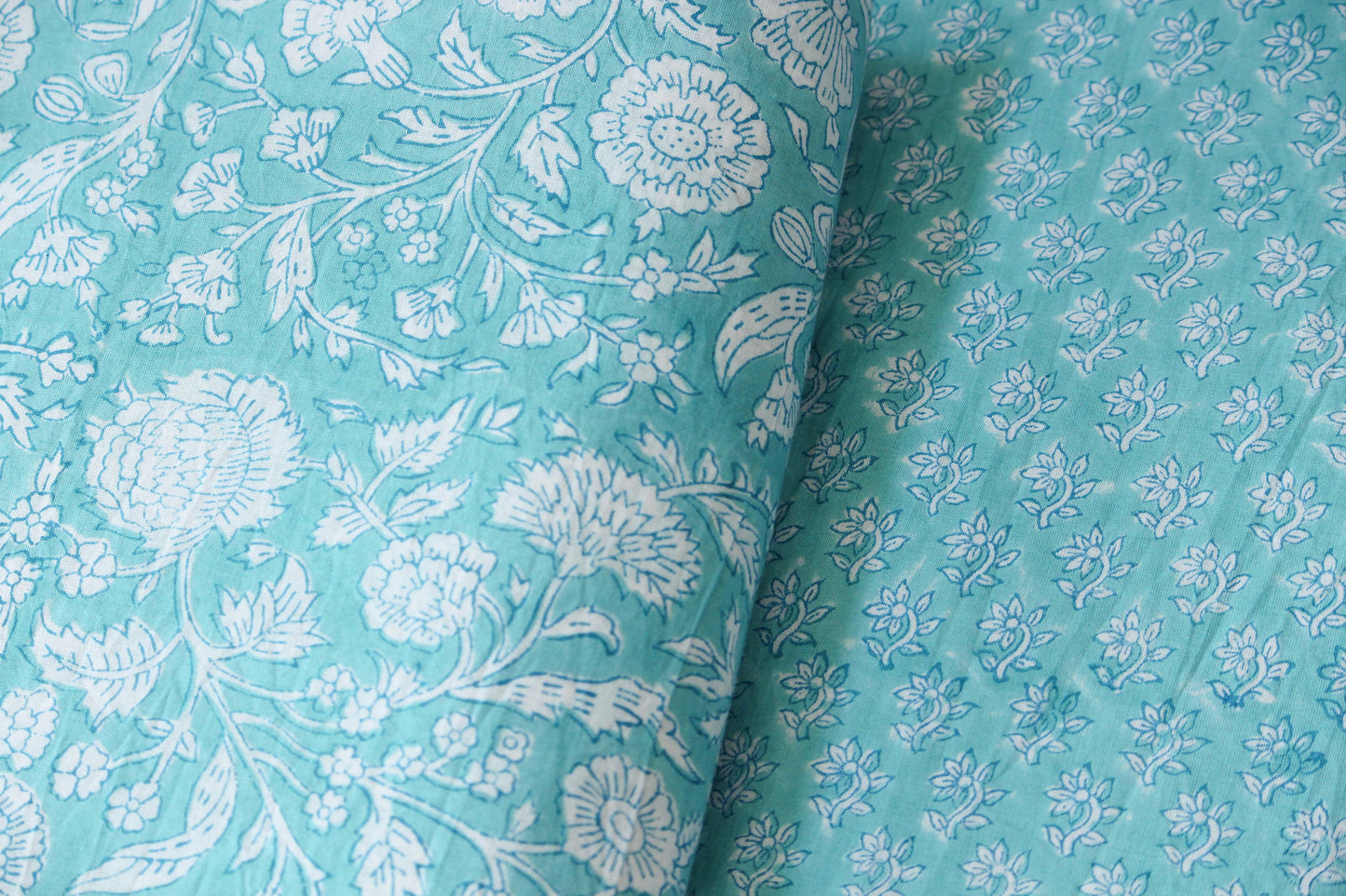 1 yard-Aqua blue green floral vines hand printed cotton fabric-off white floral print turquoise blue green florals