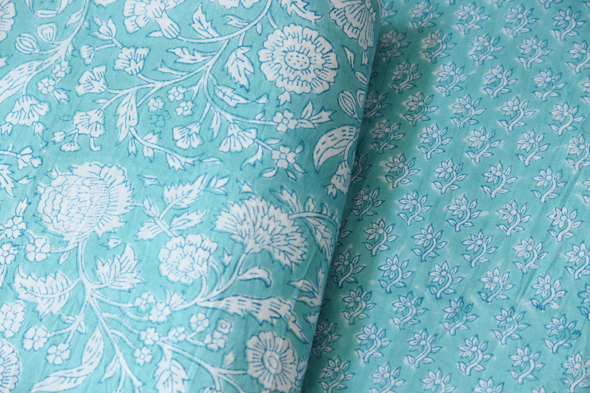1 yard-Aqua blue green floral vines hand printed cotton fabric-off white floral print turquoise blue green florals