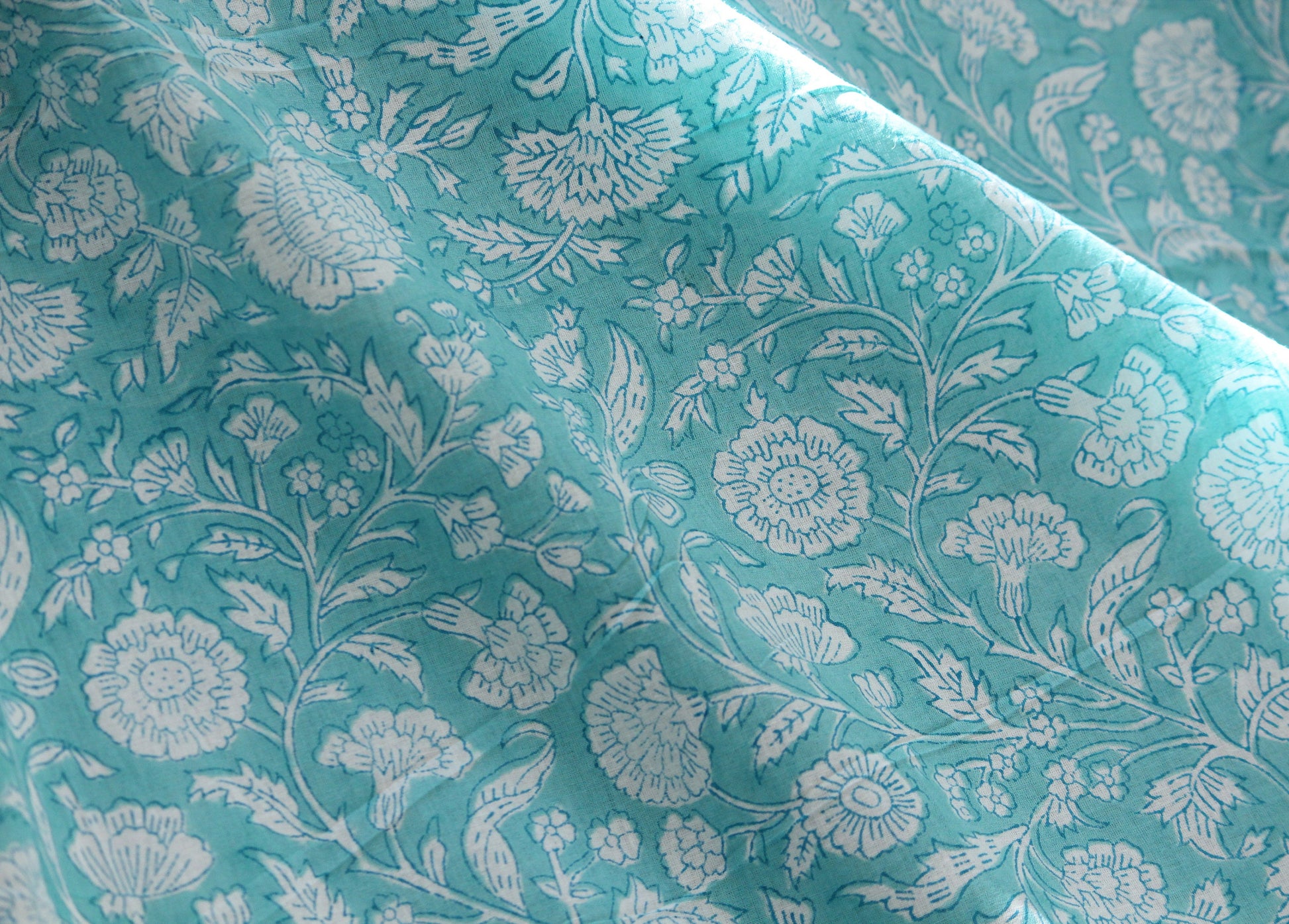 1 yard-Aqua blue green floral vines hand printed cotton fabric-off white floral print turquoise blue green florals