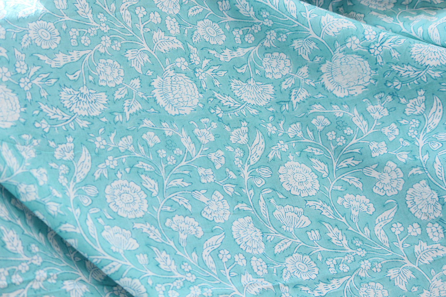 1 yard-Aqua blue green floral vines hand printed cotton fabric-off white floral print turquoise blue green florals