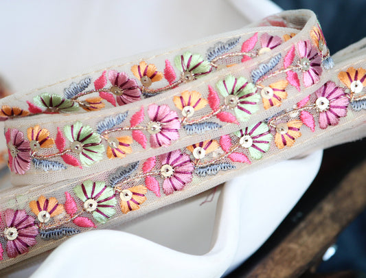 1 yard-Pink pastel green floral thread embroidery ribbon on mesh fabric-Baby pink, pastel green, orange and grey-sequin highlights