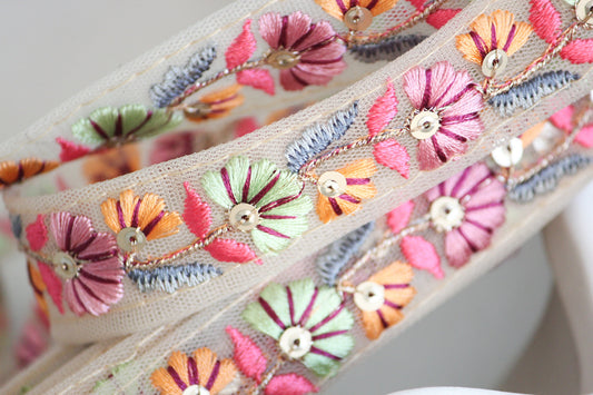 1 yard-Pink pastel green floral thread embroidery ribbon on mesh fabric-Baby pink, pastel green, orange and grey-sequin highlights