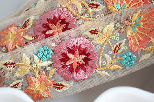 1 yard-Dusty Pink and Orange floral thread embroidery ribbon on mesh fabric-Dusty pink, maroon, orange and light yellow -sequin highlights