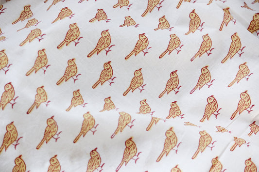 1 yard-chrome yellow bird motif hand printed cotton fabric-white sparrow bird print in off-white base-minimalistic yellow bird print