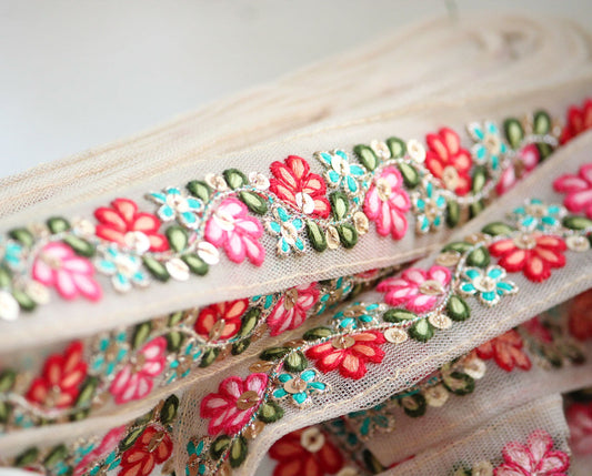 1 yard-Red Pink floral thread embroidery ribbon on mesh fabric-bright pink and red threads, aqua florals green leaf-sequin highlights