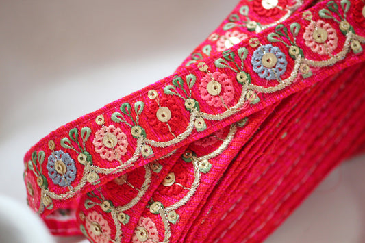 1 yard-Bright red floral thread embroidery ribbon on red fabric-ribbons for bows-Blue, fuchsia pink, cream green leaf-sequin highlights